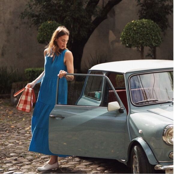 Boden 100% Cotton Gauze Blue Double Cloth Maxi Tiered Dress Size 22 Regular - Picture 10 of 13